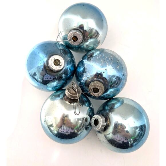 Vtg Lot of 5 Shiny Brite Aqua Glass Ornaments Medium Sized Crackled Patina - Picture 1 of 10